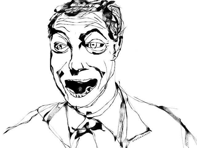A quickly drawn sketch of Nigel Farage in a state of insanity.