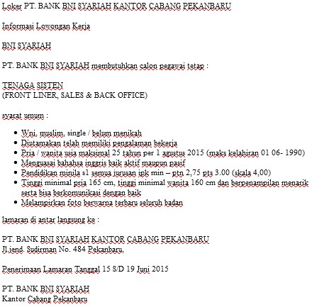 Loker PT. BANK BNI SYARIAH KANTOR CABANG PEKANBARU - Karir ...