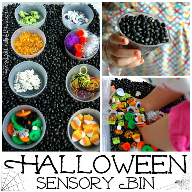 Halloween Sensory Bin with black bean base and fun, colorful additions. Spooky fun for toddlers, preschoolers, or older children!