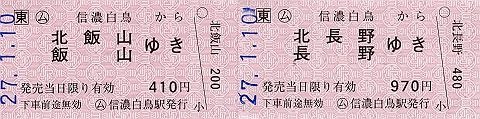 信濃白鳥駅　常備軟券乗車券1　一般式