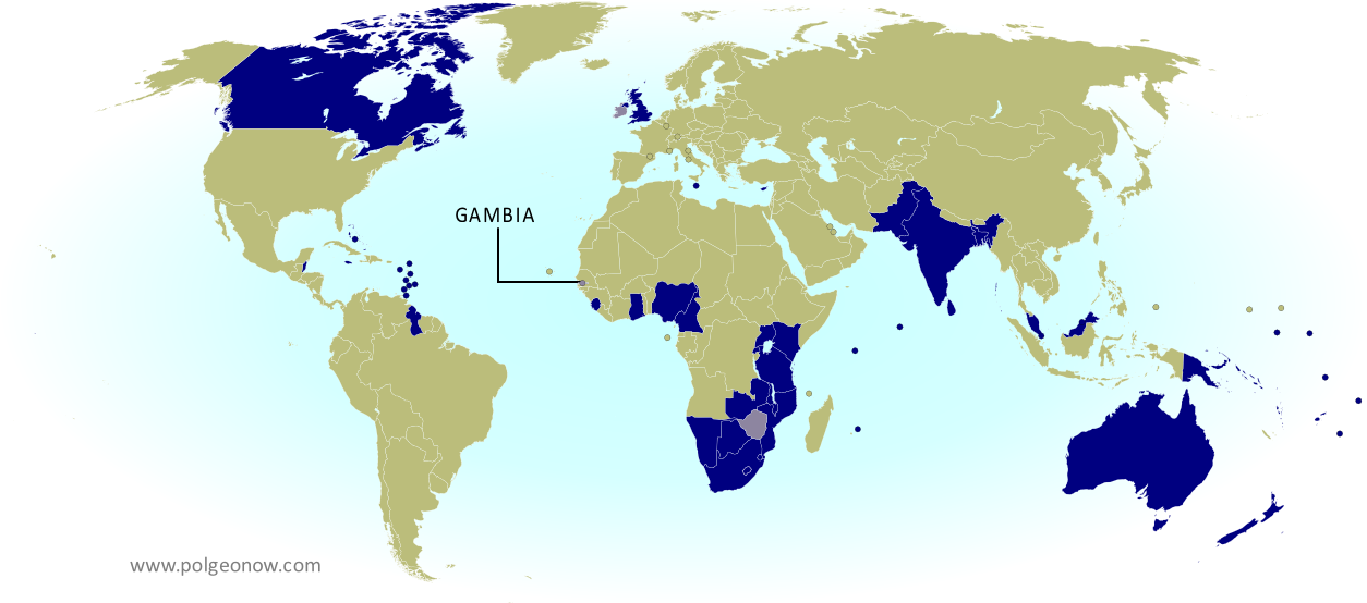 Map of current and former member countries of the Commonwealth of Nations (British Commonwealth) as of 2014, marking the Gambia, which withdrew from the organization in 2013 (colorblind accessible).