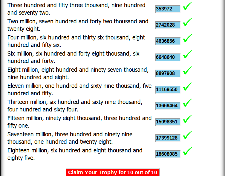 One thousand and five. Three hundred and fifty. four hundred. eight hundred thousand.