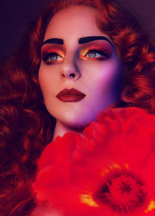 red hair, bold brows, makeup