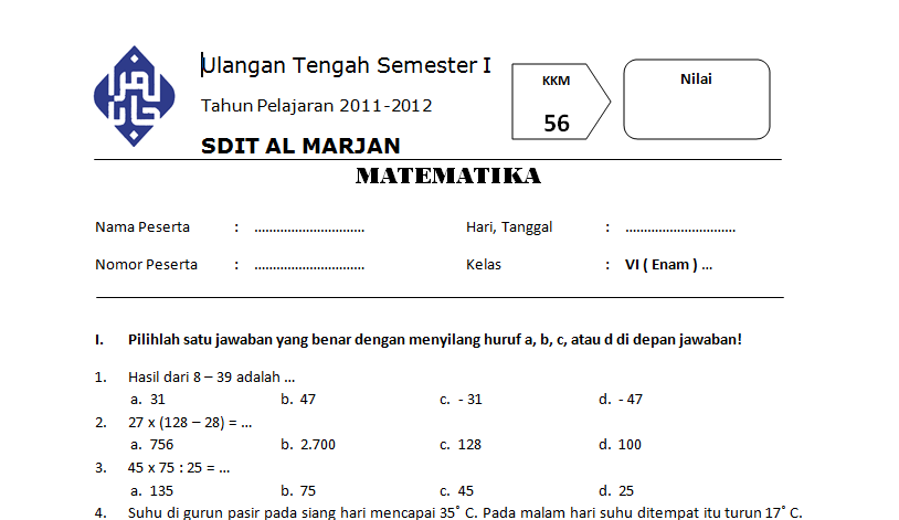 Download Soal Matematika Kelas 6 SD UTS Semester 1 2011-2012 | Guru Mau