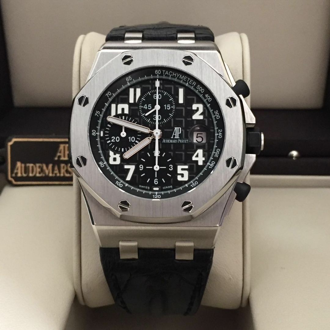 Jual Beli Tukar Tambah Service Jam Tangan Mewah Arloji Original Buy Sell Trade In Service Sold Audemars Piguet Royal Oak Offshore Black Themes Chronograph Black Crocodile Leather 42mm Year 2011 Box And Papers