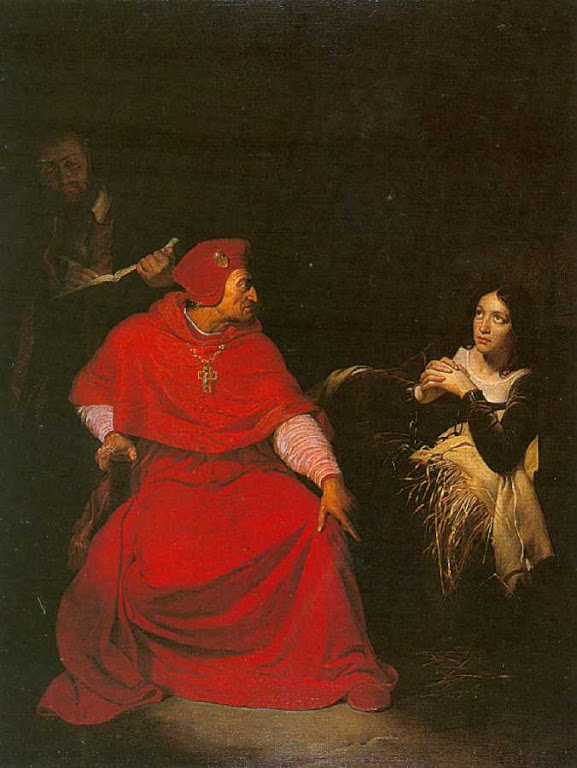Cardeal interroga Santa Joana d'Arco na prisão. A sentença fora "arranjada" previamente com os invasores.