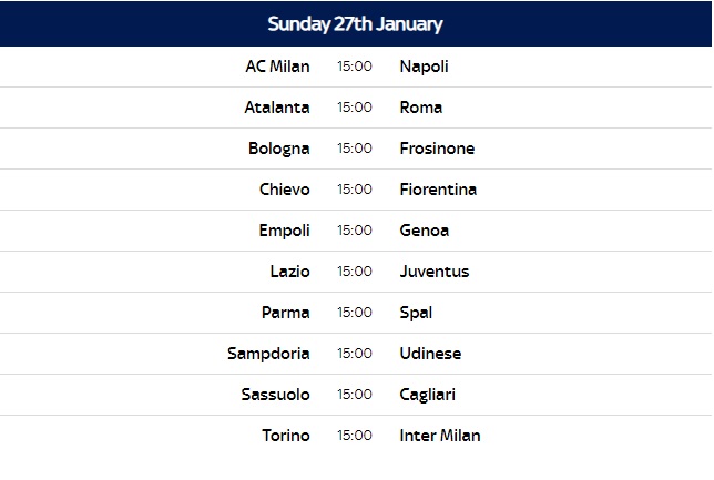 Italian Serie A 2018-19 Fixtures (Confirmed)