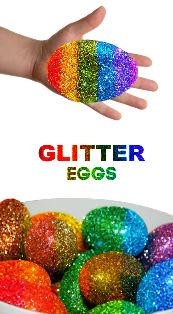 Decorate the most sparkly rainbow Easter eggs using glitter!  This decorating idea is really easy, making it great for kids of all ages! #glittereastereggs #glittereastereggsdiy #glittereggs #glittereggseaster #rainboweastereggs #rainboweggs #rainbowglitter #eggdecorating #eggdecoratingforkids #growingajeweledrose