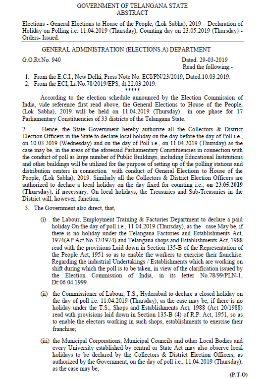 Knowledge Blog On Indian Labour Law And Human Resource Advocate Girish Jayram Vivalkar Election Holiday Notification From Government Of Telangana