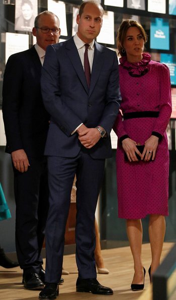 Kate Middleton wore a vintage polka-dot print and ruffle neckline dress by Oscar De La Renta, carried Jimmy Choo Celeste clutch