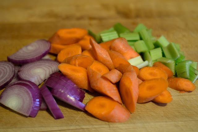 All of the vegetables cut up and ready to go into the crockpot. 