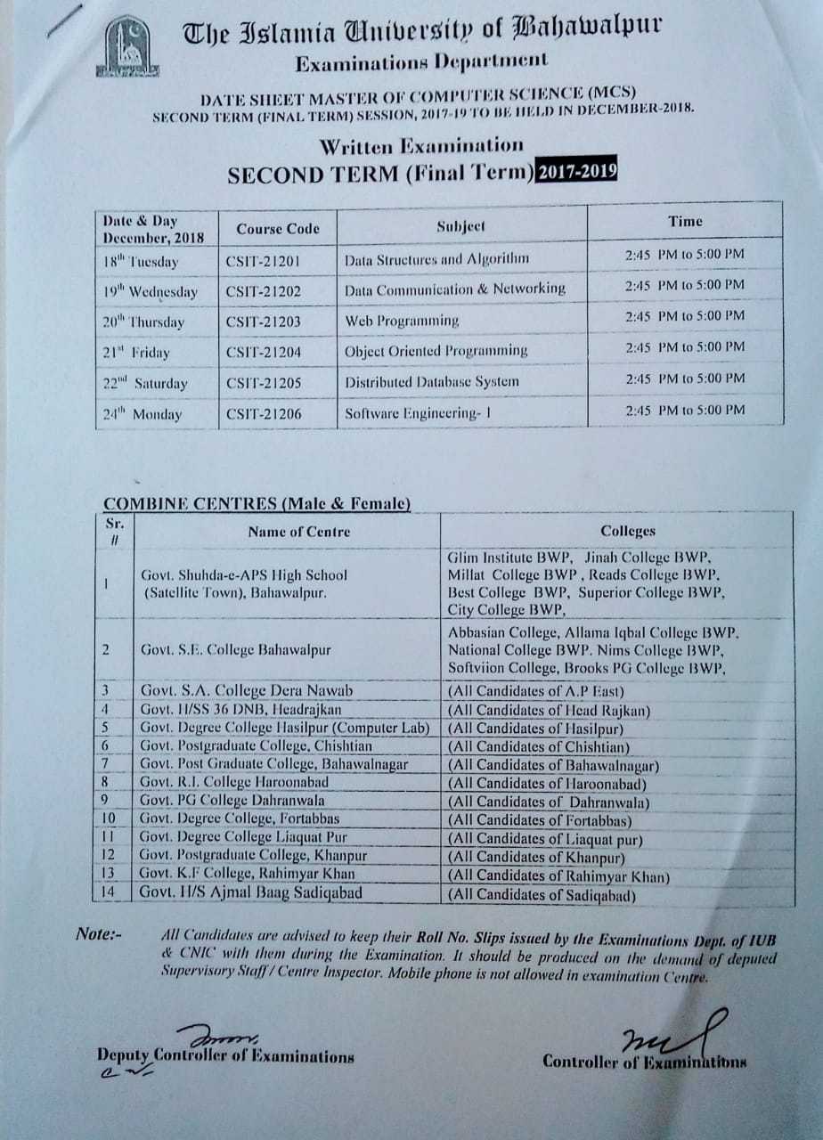 MCS 4th Semester and Second Semester Date Sheet IUB Affiliated Government and Private Colleges MCS 4th Semester and Second Semester Date Sheet IUB Affiliated Government and Private Colleges