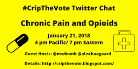 Image description: graphic with a bright yellow background with black text that reads, "#CripTheVote Twitter Chat, Chronic Pain and Opioids, January 21, 2018, 4 pm Pacific/ 7 pm Eastern, Guest Hosts: @msdeonb @alexhaagaard, Details: http://cripthevote.blogspot.com/. On the left is an illustration of a capsule. On the right is an illustration of a first-aid kit.