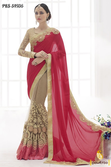 Velentine day special red color net heavy work  designer saree online shopping  collection with discount offer sale at pavitraa.in