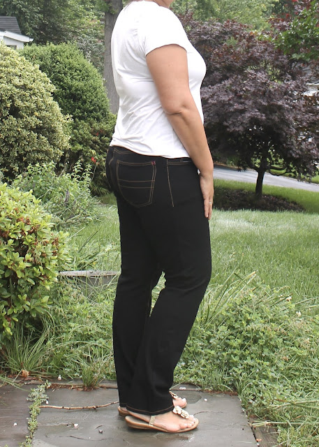 Black pull-on stretch jeans made from the Ginger Jeans sewing pattern by Closet Case Files.