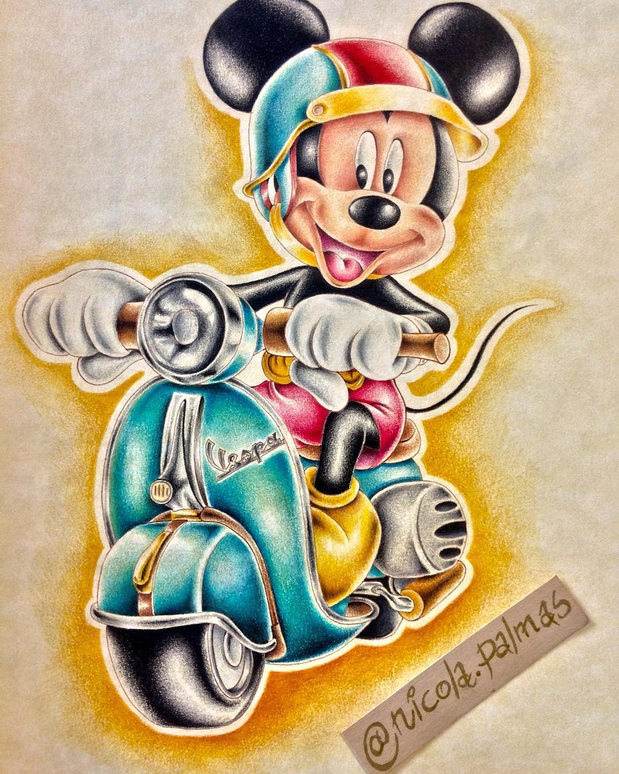 13-Mickey-Mouse-on-a-Vespa-Nicola-Palmas-Walt-Disney-Characters-Art-Illustrations-www-designstack-co