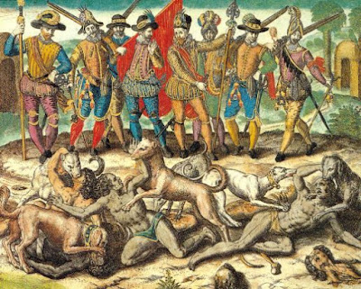 alt="perros de los conquistadores atacando a los indios"