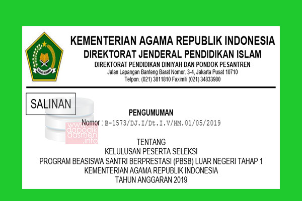 Pengumuman Seleksi Program Beasiswa Santri Berprestasi Pbsb Luar Negeri Kemenag