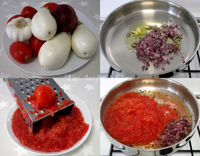 Preparación espaguetis con berenjenas blancas y salsa de tomate