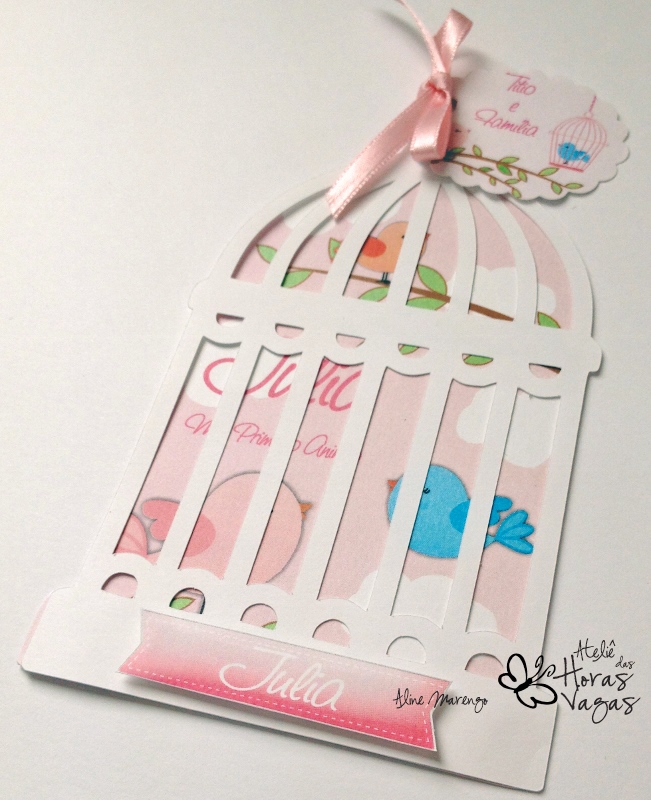 convite artesanal aniversário infantil chá de bebê gaiola de passarinho pássaros rosa e branco menina