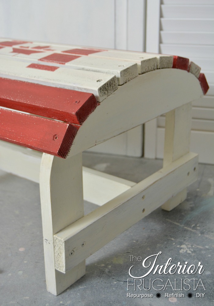 An Adirondack Footstool Makeover for Canada Day, a fun and easy patriotic decor idea for the lake cottage or front porch using a Canadian flag stencil.