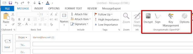 Encryptomatic Open PGP add-in for Outlook, shown in Outlook 2016 toolbar.