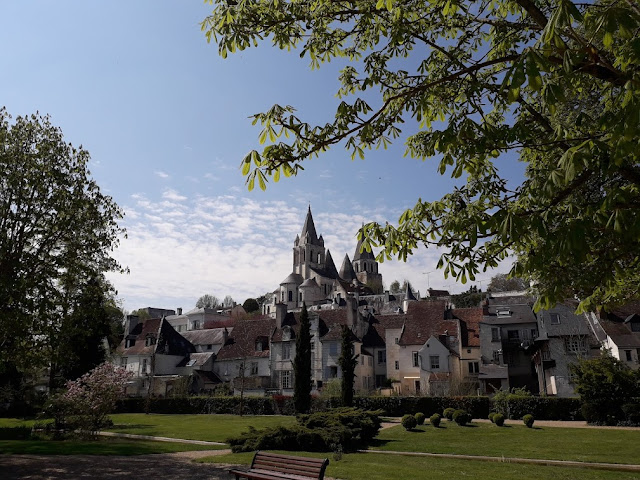 view of Saint Oars church from the public gardens in Loches