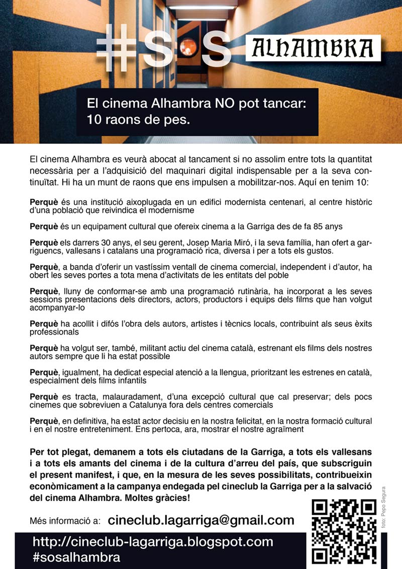 Manifest Cineclub La Garriga a favor campanya sos cinema alhambra 