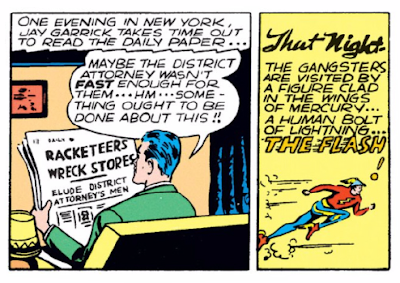Flash Comics (1939) #1 Page 6 Panels 8 & 9: Jay Garrick creates his superhero identity as The Flash in response to a newspaper article about racketeering.