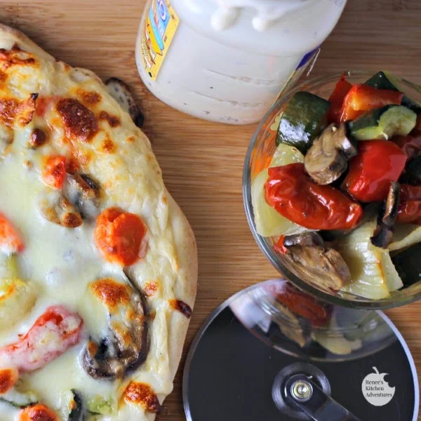 Roasted Vegetable Pizza | Renee's Kitchen Adventures - Roasted vegetables, Alfredo sauce and cheese make a healthy, meatless pizza. 