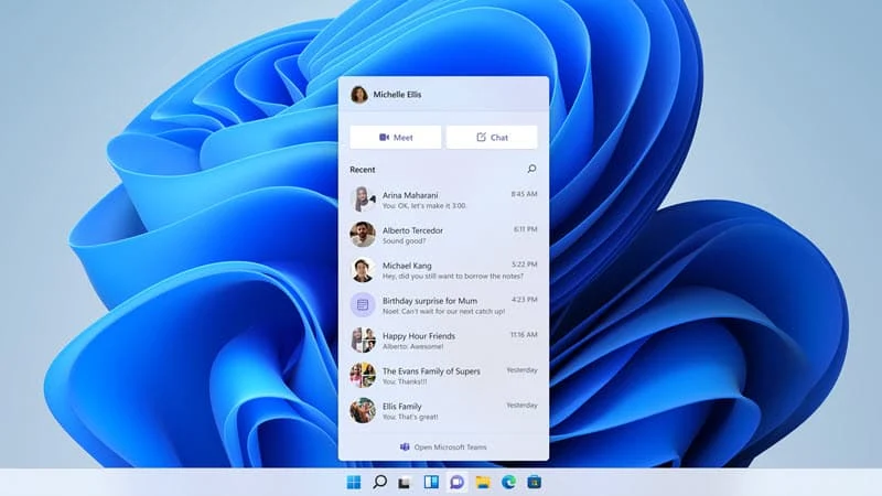 Microsoft Teams chat integration in Windows 11 Build 22000.100
