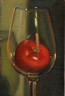Oil painting of a tomato inside a large wine glass.