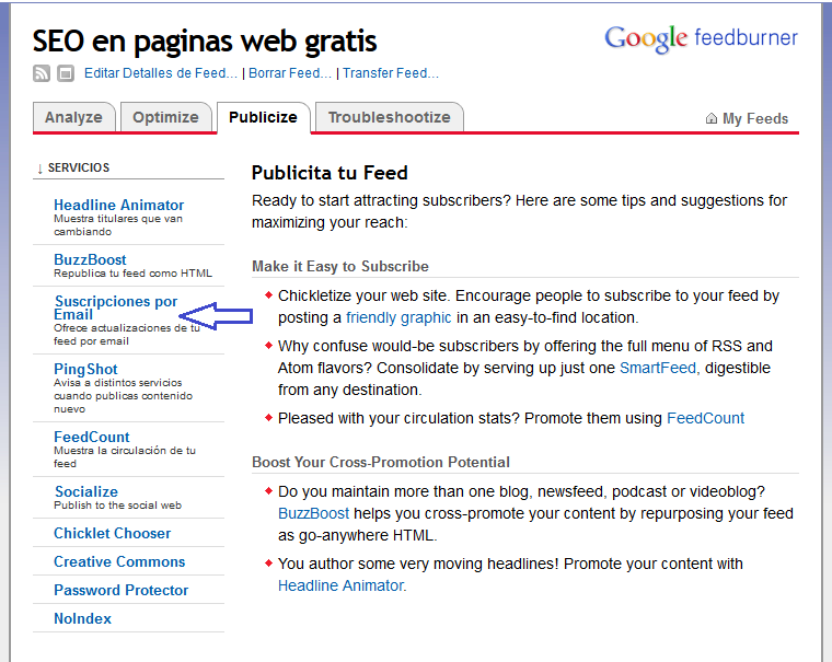 Cómo configurar RSS feed para páginas web utilizando Feedburner