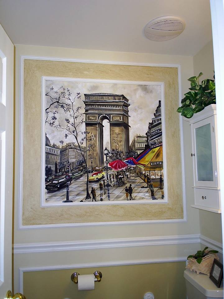 French mural in powder room