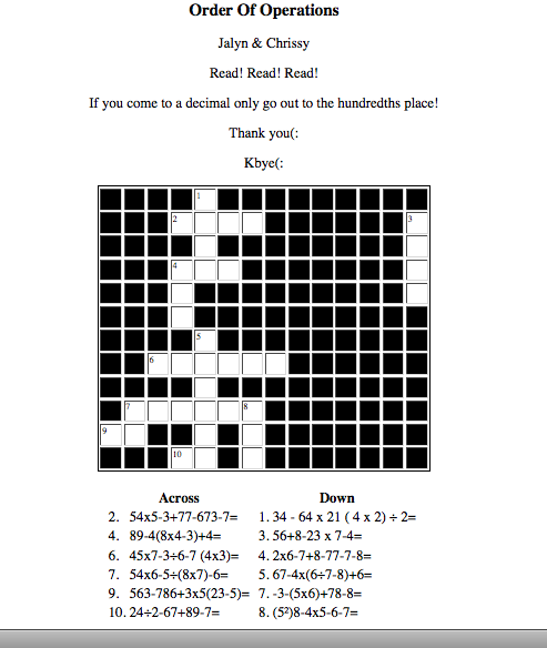 Jalyn s Corner Order Of Operations Crossword Puzzle