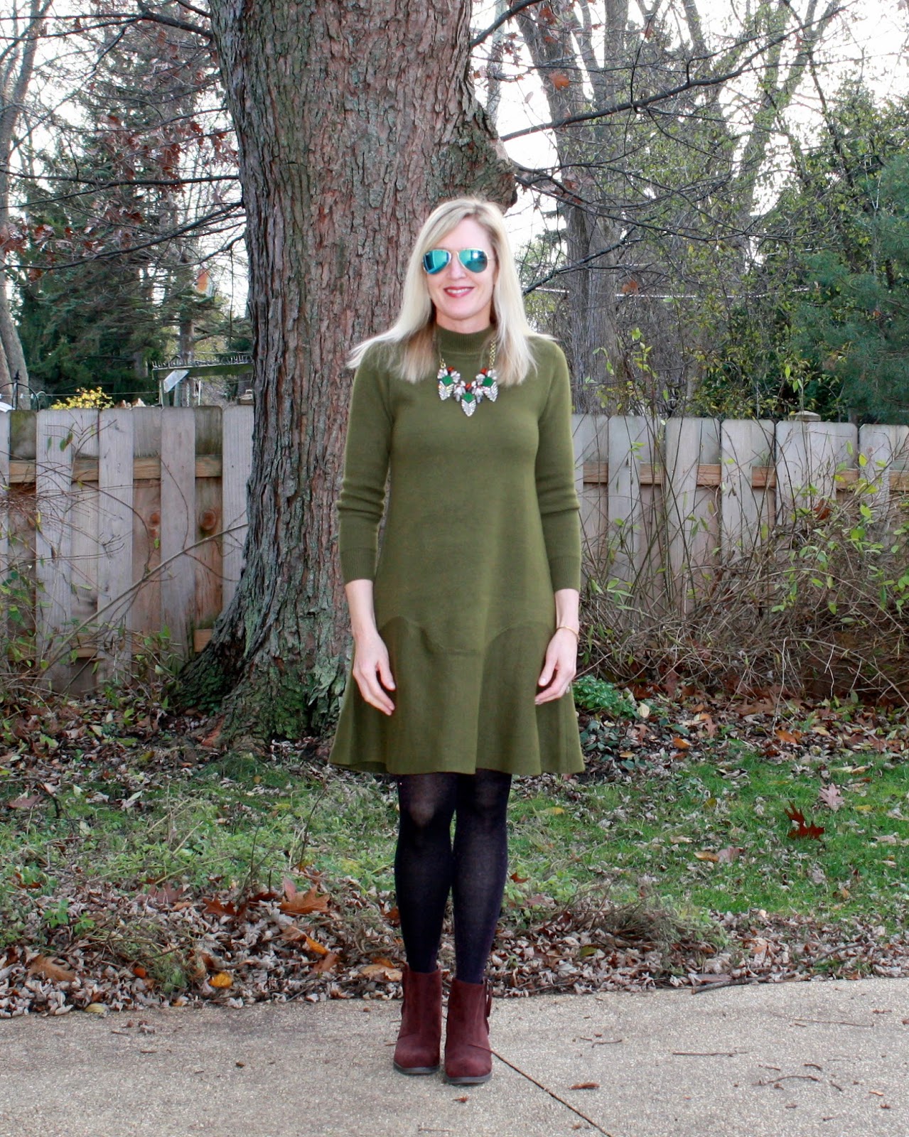 Olive Dress and Burgundy Booties - Doused in Pink