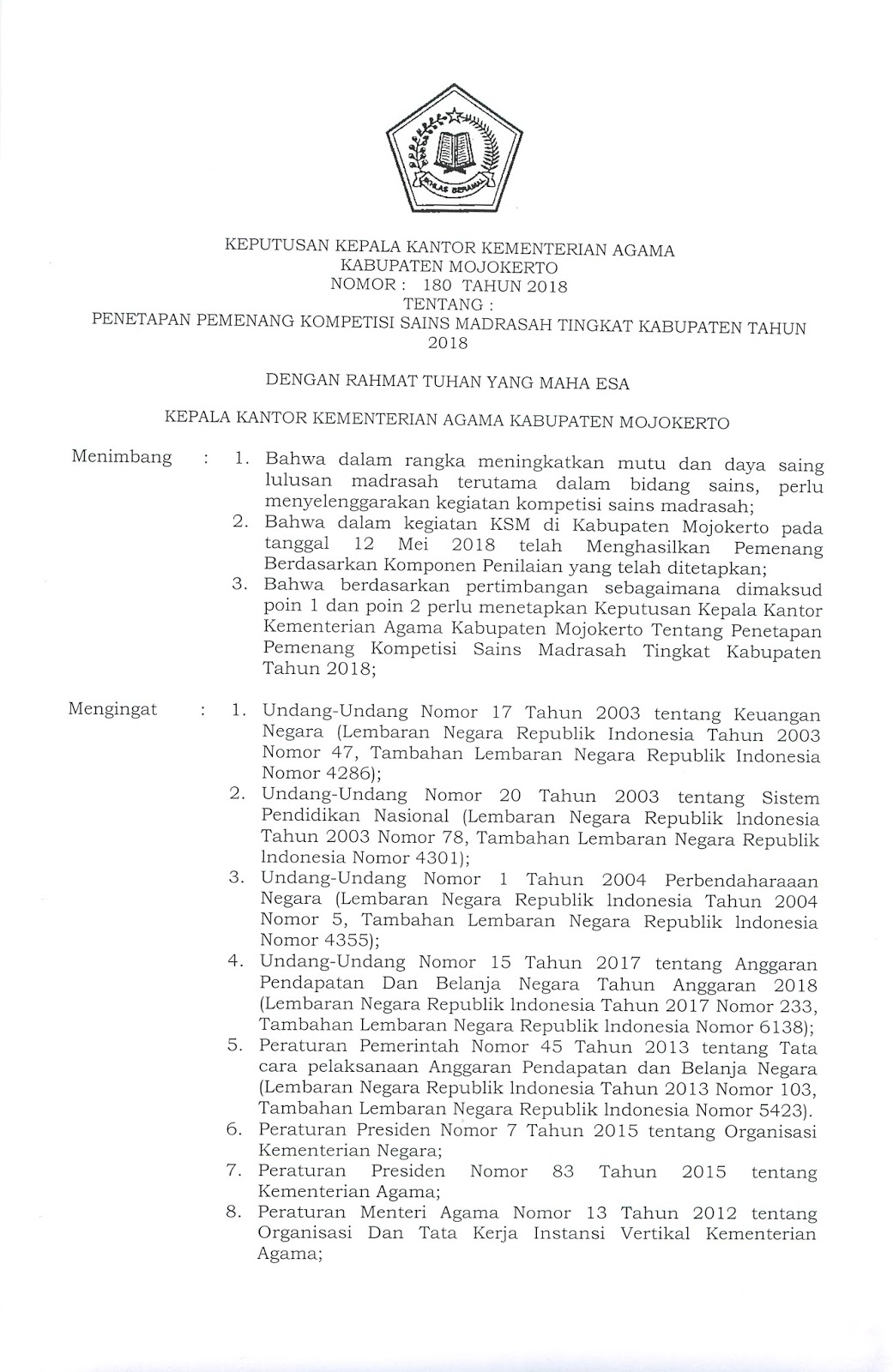 Pendma Kab. Mojokerto SURAT KEPUTUSAN HASIL SELEKSI KSM Pendma Kab. Mojokerto SURAT KEPUTUSAN HASIL SELEKSI KSM