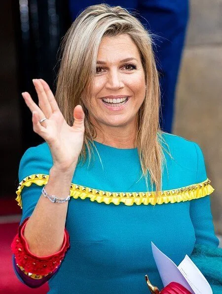 Queen Maxima wore Claes Iversen colorfull dress. Princess Beatrix. American composer and conductor John Adams