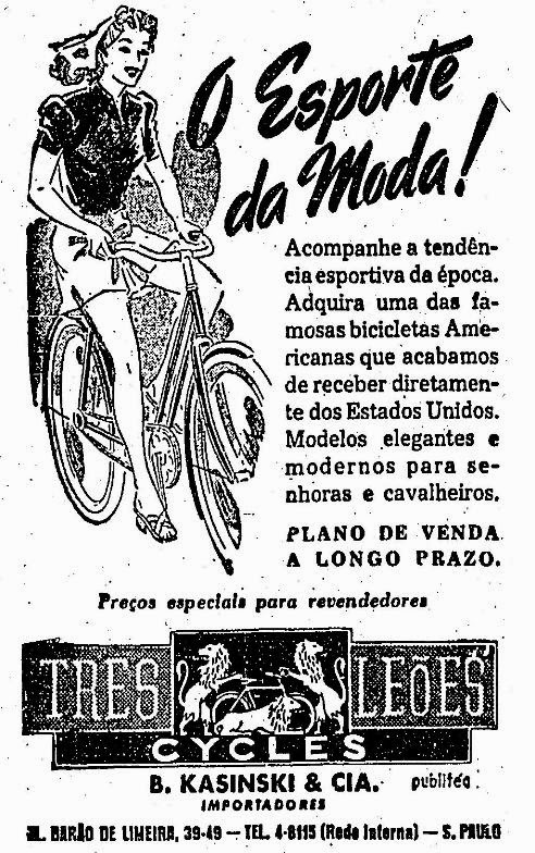 Propaganda da Casa Três Leões - venda de bicicletas para mulheres em 1945