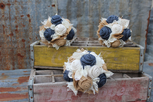 rustic wedding bouquets with navy burlap flowers 