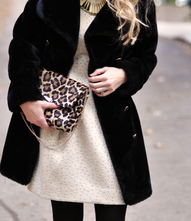 Cynthia Steffe Dress, Vintage coat, Lauren Merkin leopard print bag, Kara Ross necklace