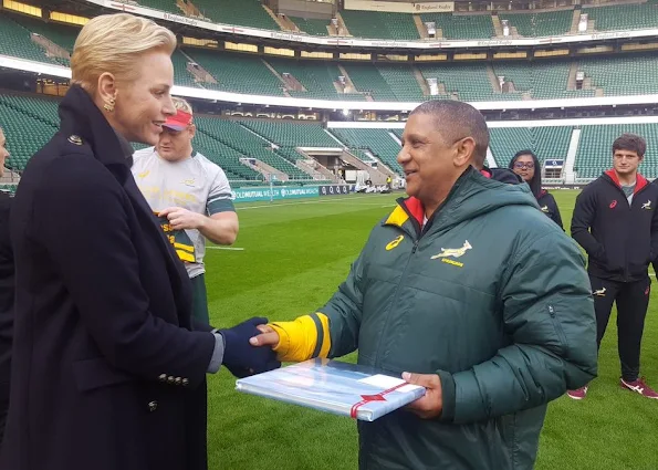 Princess Charlene, Princess Gabriella, Prince Jacques at Twickhenham rugby stadium, princess Charlene style fashion wore blue coat