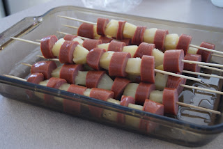 Sausage and potato kebobs ready to be cooked.