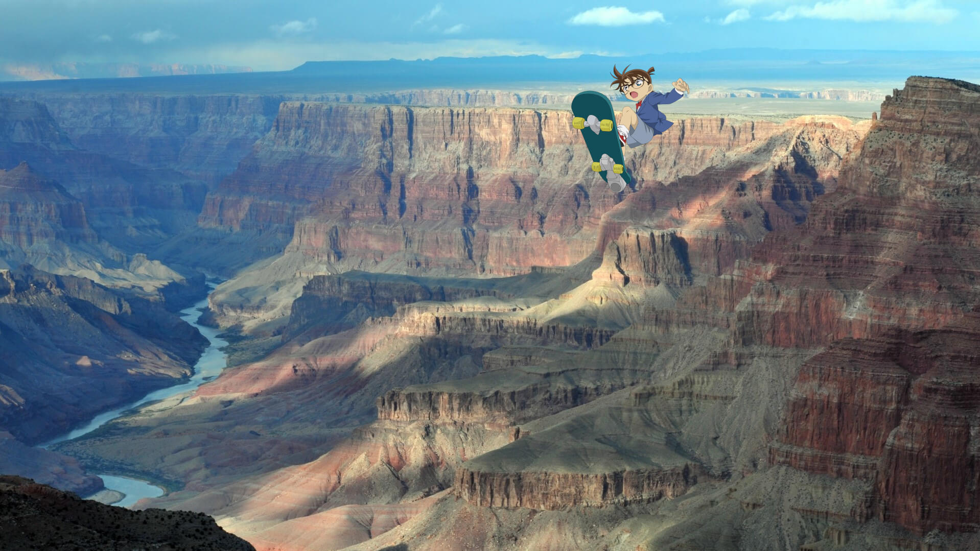 Conan jumping with the turbo skateboard over the Grand Canyon