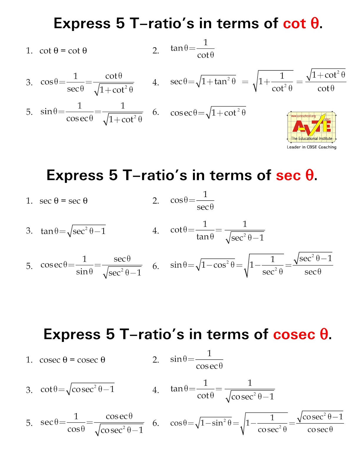 Express Trigonometry Ratios in terms of cot sec cosec