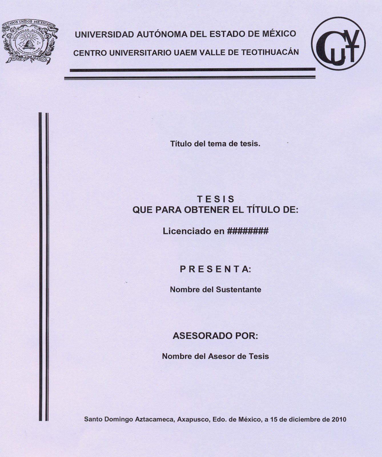 Titulación CU UAEM Valle de Teotihuacán: Formato de la Portada de Tesis
