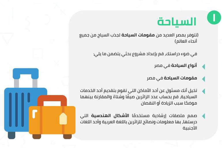 بحث عن السياحة للصف الخامس الأبتدائي , بحث عن السياحة خامسة ابتدائي , ابحاث الصف الخامس الابتدائي , أنواع السياحة في مصر , مقومات السياحة في مصر تخيل أنك مسئول عن أحد الأماكان التي تقوم بتقديم أحد الخدمات السياحية قم بحساب عدد الزائرين صيفا وشتاء المقارنة بين عدد السياح في الصيف والشتاء صمم ملصقات ارشادية مستخدما الاشكال الهندسية التي درستها بها معلومات ونصائح احدها باللغة العربية والأخري بالأنجليزية