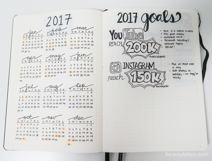 bullet journal calendar and goals pages