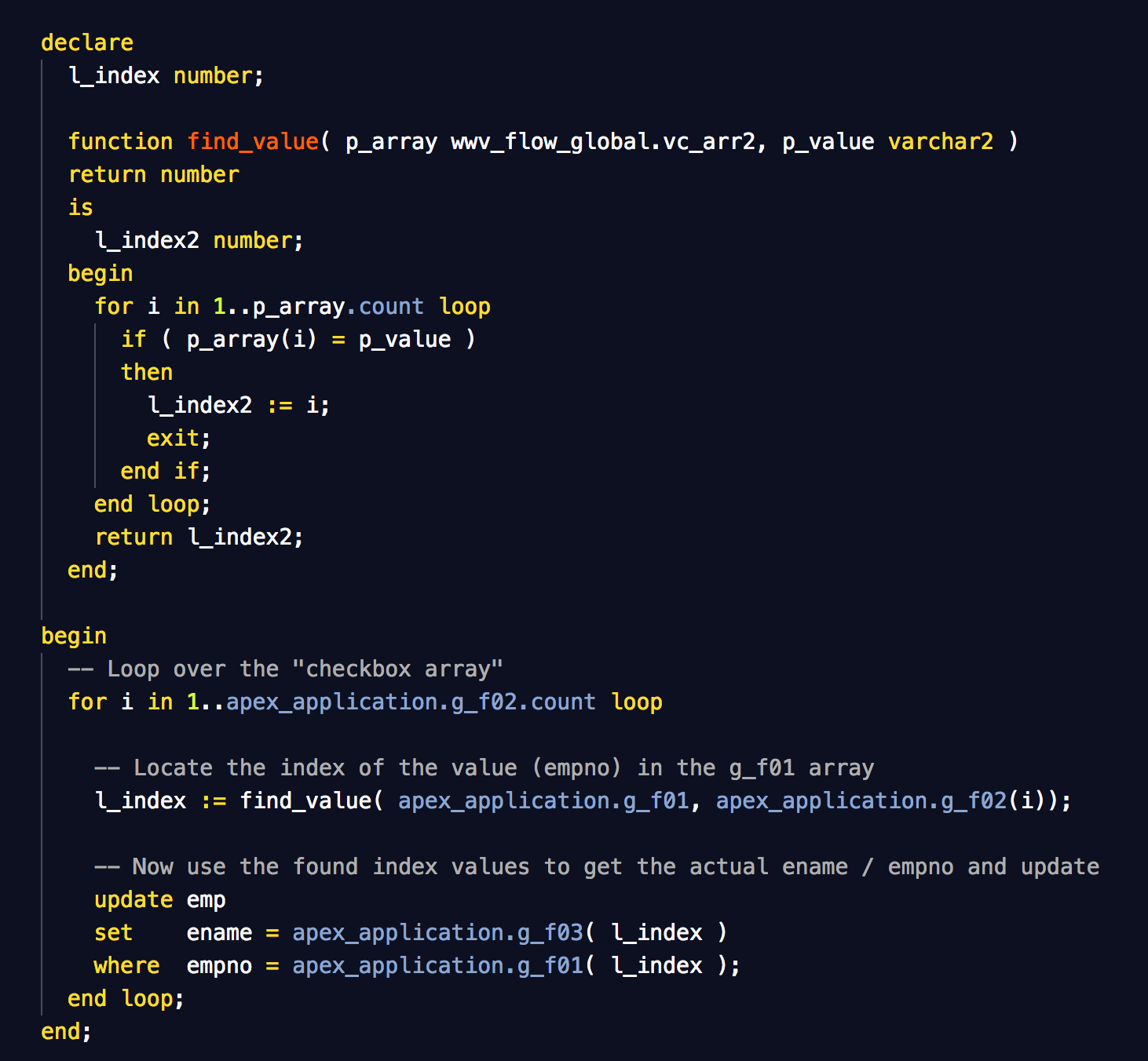 apex_application.g_f0x array processing in Oracle 12