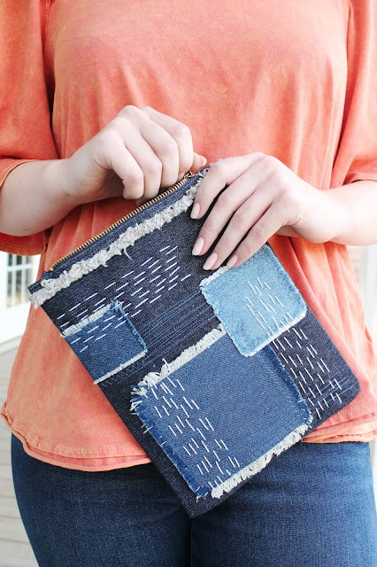 Make a patchwork clutch with denim and fabric scraps